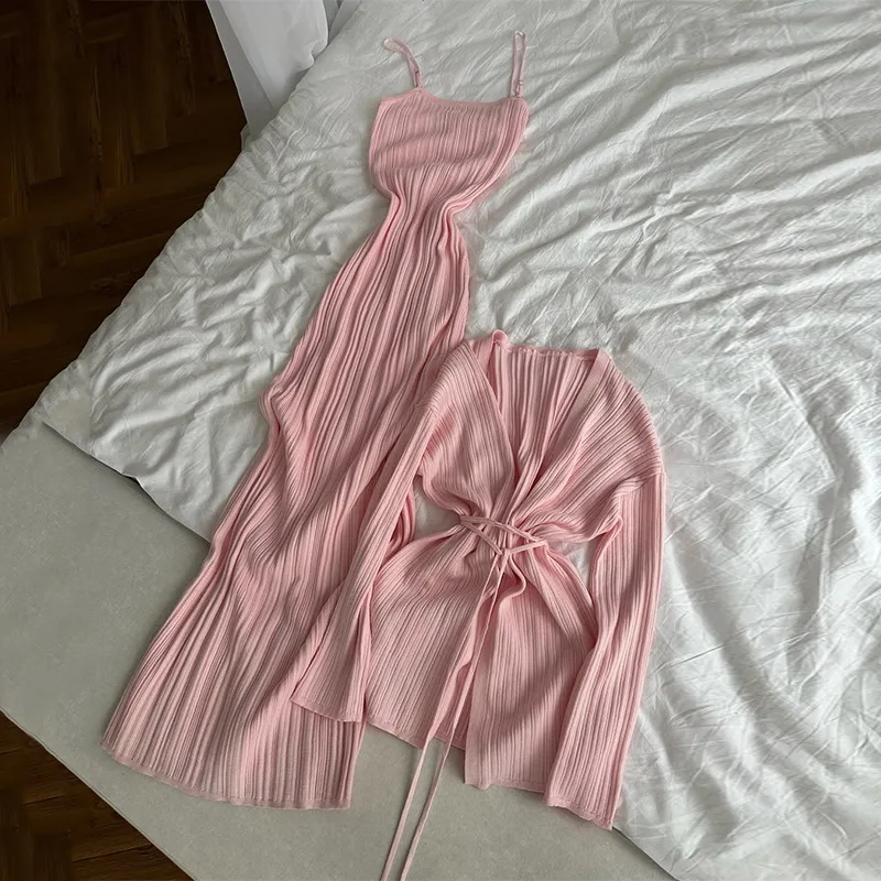 

Women's clothing 2025 summer new solid color casual lace-up cardigan jacket suspender dress two-piece club clothing Vestidos