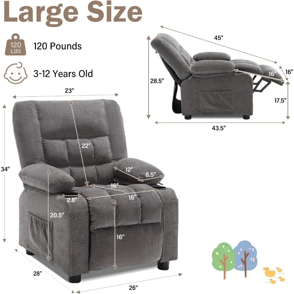 Kids Recliner Chair， Push Back Toddler Recliner with Cup Holders & Side Pockets， Adjustable Footrest & Headrest Kids Sofa