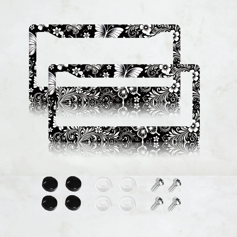

2 шт. черных алюминиевых рамок для номерных знаков с изображением бабочек — стандартный размер для США, декоративный кронштейн для автомобильного номерного знака, 2 отверстия