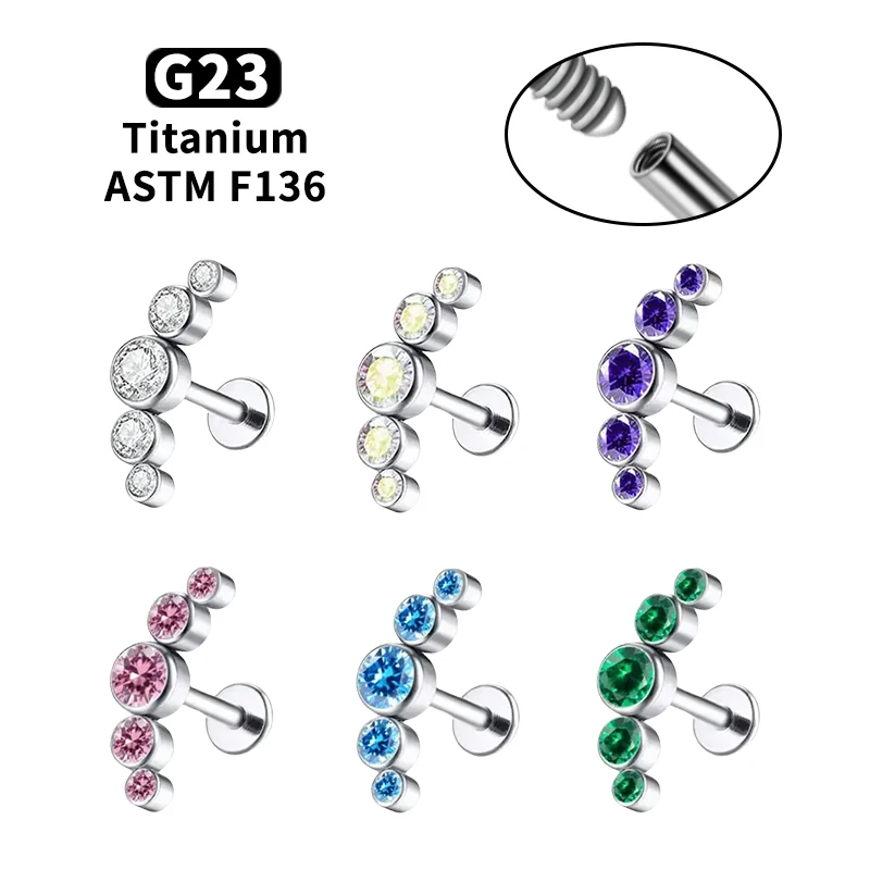 G23 Titanium 16G Internal Thread 5A CZ Labret Flat Back Earrings - Helix Tragus Cartilage Medusa Piercing Body Jewelry