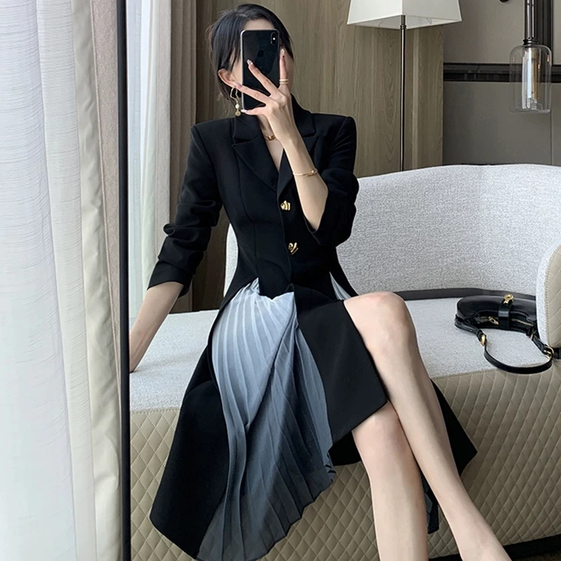 

Stitching Black Slim-fit Suit dresses Women's 2025Spring New Elegant Commuter Pleated Long-sleeved dress Casual Mid-length dress