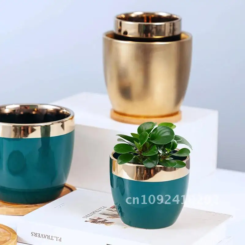 European Gold Plated Ceramic Flower Pot Modern Side Green Container Desktop Dill Basin Home Ornaments Gardening