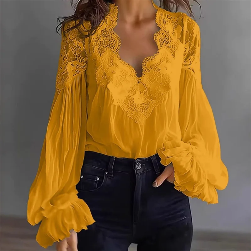 

Spring Summer Lace V-Neck Short Shirt Women Heavy Embroidery Hollow Out Bubble Sleeve Chiffon To Casual All-match Blouse Ladies