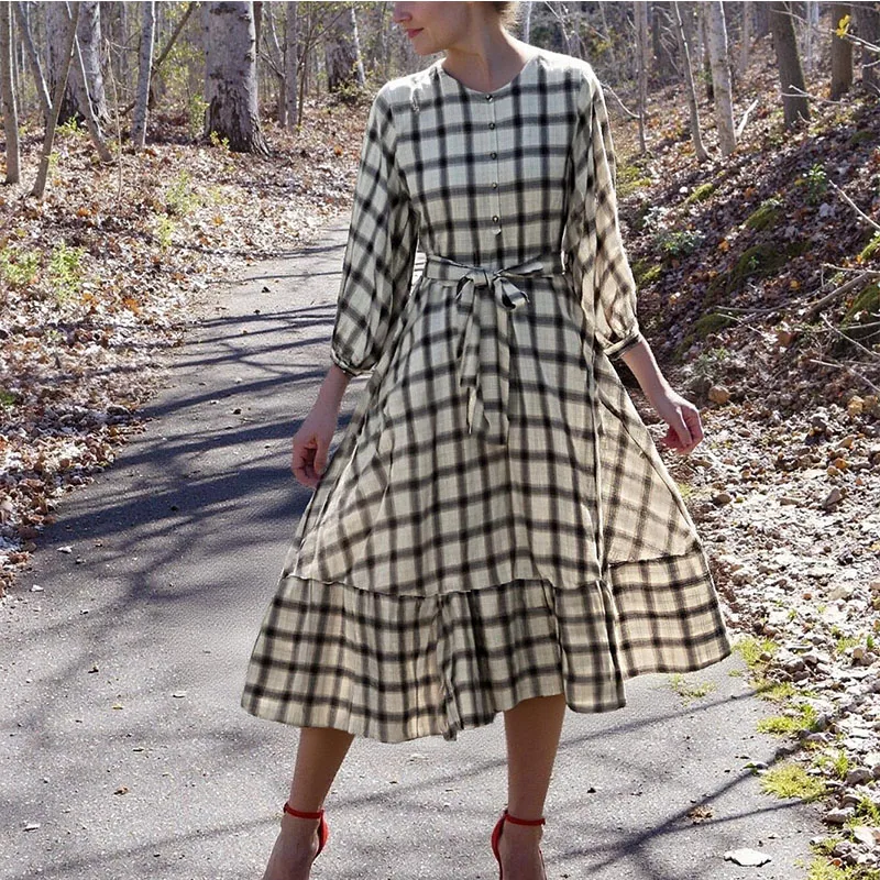 فستان نسائي جديد لخريف وشتاء 2025 عالي الجودة بحزام غير رسمي منقوش على طراز قميص عصري متعدد الاستخدامات وأكمام طويلة ورقبة مستديرة #4