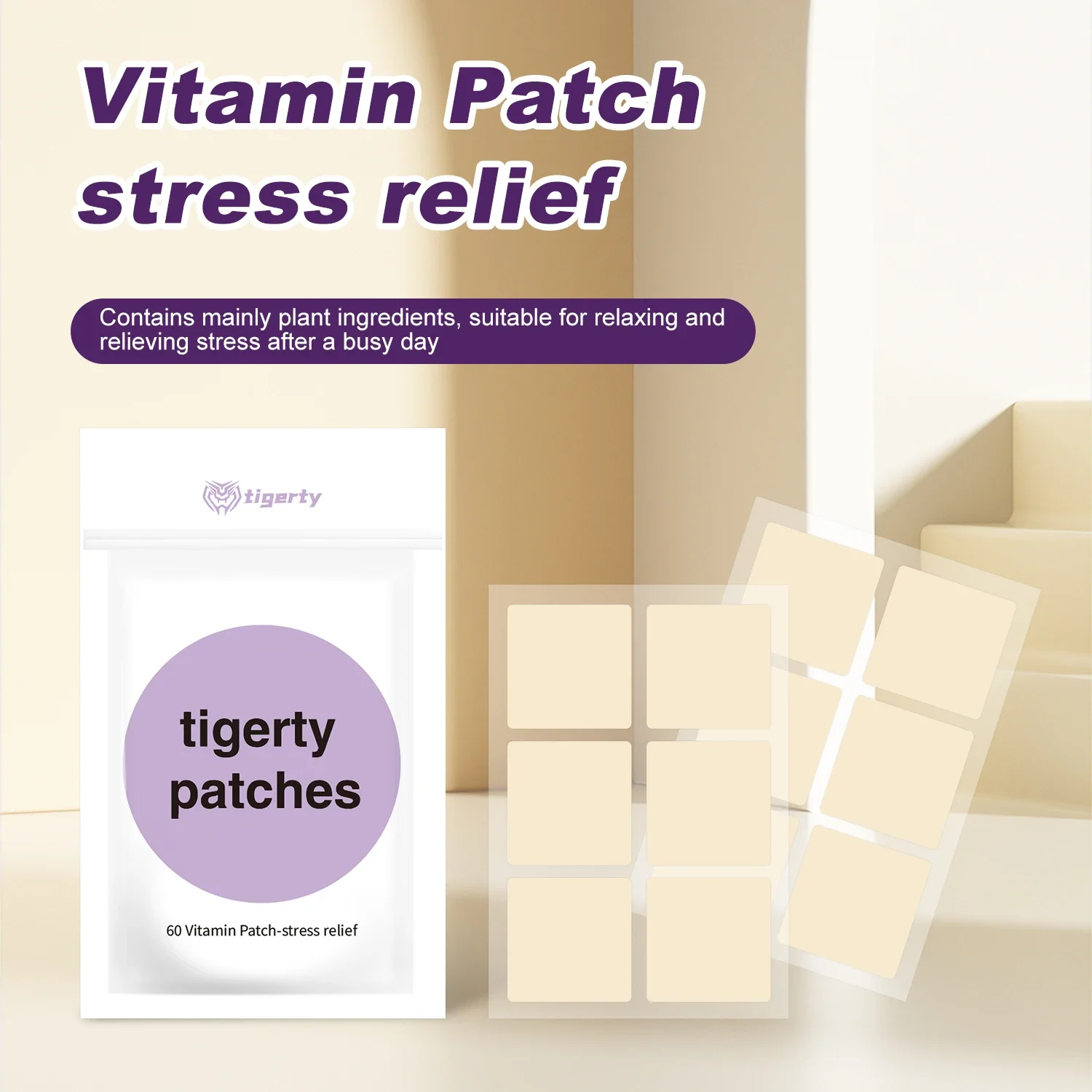 tigerty Stress Relief Vitamin Patch with Ayurvedic Extract, Rhodiola & GABA, 60Pcs/Box Transdermal Patches for Calm & Relaxation