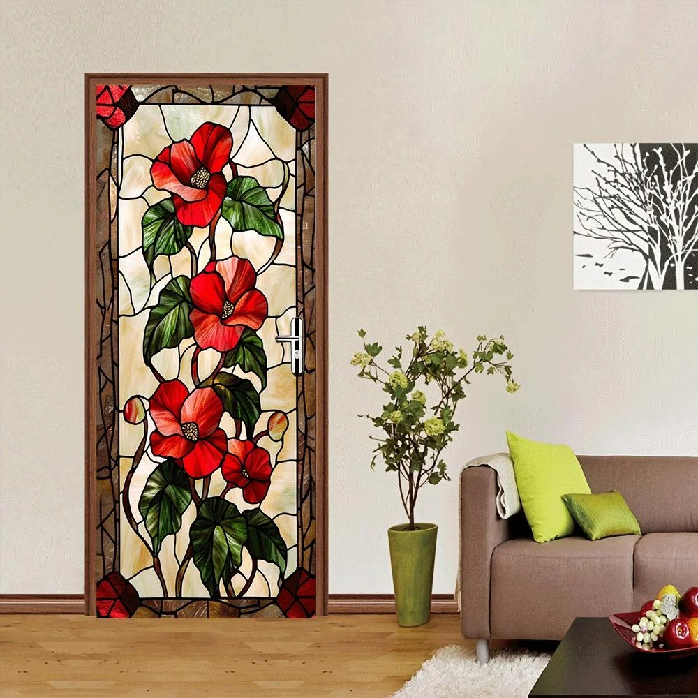 2pcs of this colored glass window style wall sticker is themed around red crabapple flowers and features a retro painted glass a