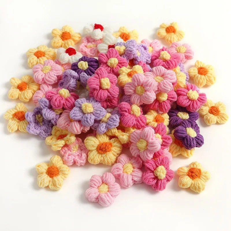 Mini Hand-knitted Flower Brooch for Clothes Bags Applique Sew Patches Korean Cotton Wool Flower Floral Petals DIY Craft Supplies