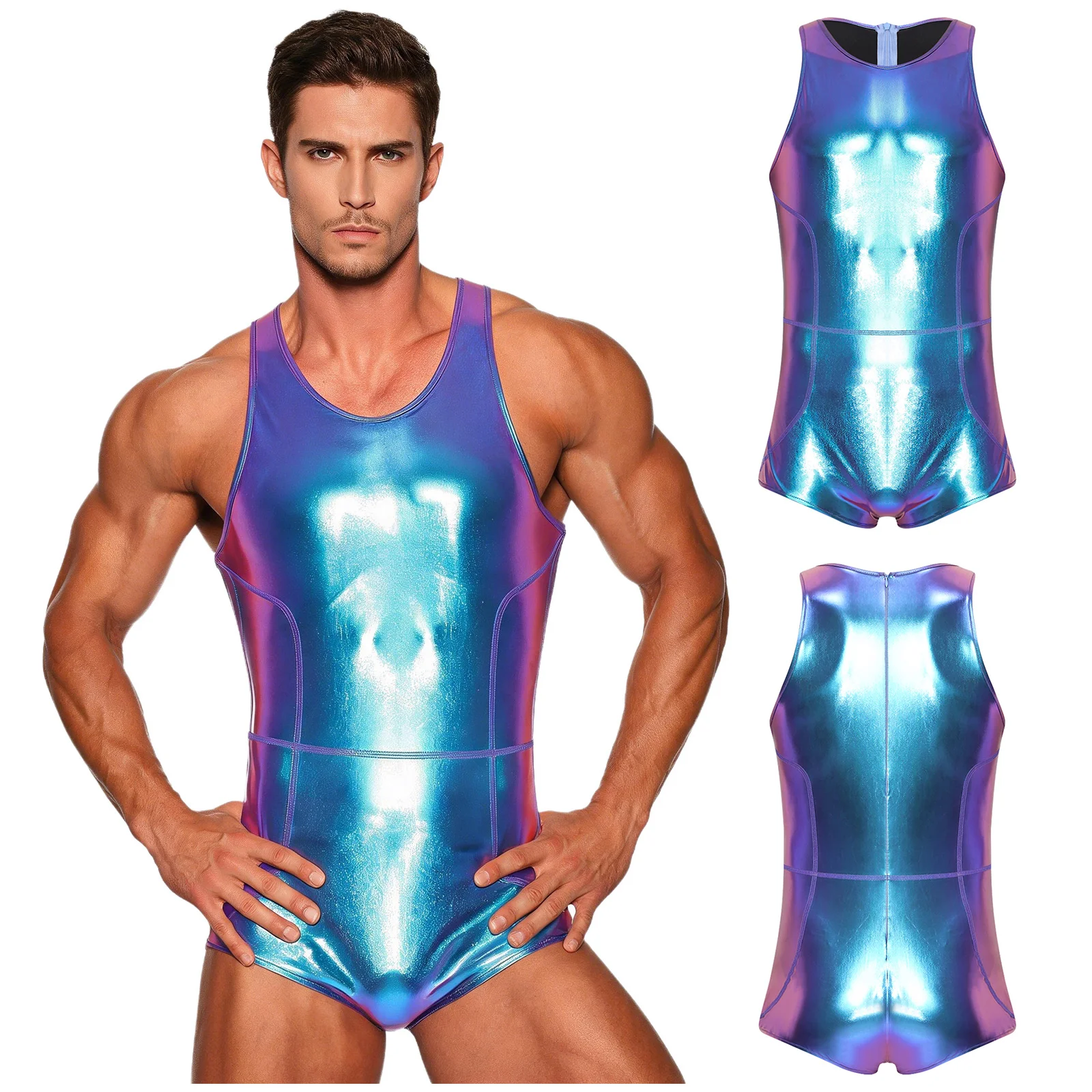 Mens Swim Leotard Metallic Bodysuit Swimwear Round Neck Sleeveless Shorts Bottom One Piece Bathing Suit Clubwear for Rave Party