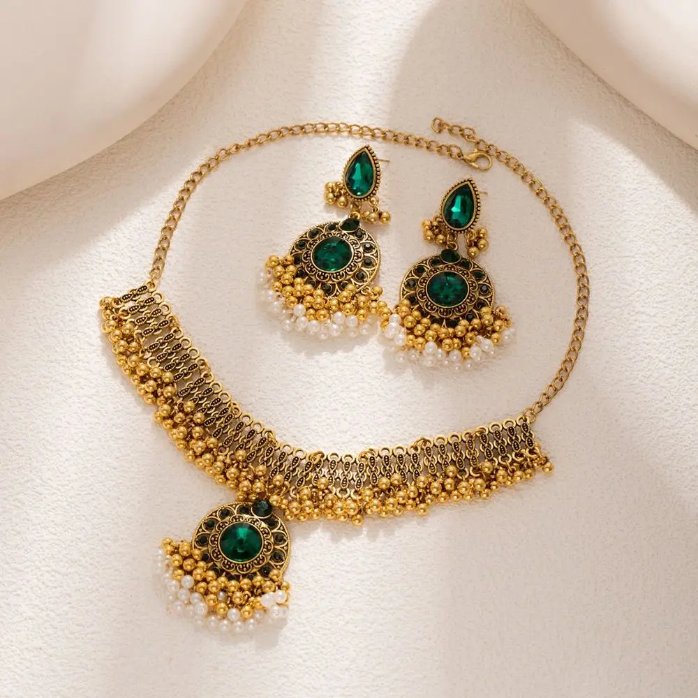 エスニックスタイル中空タッセルジュエリーセットラインストーン象嵌模造真珠ネックレスイヤリングセットウォータードロップペンダント