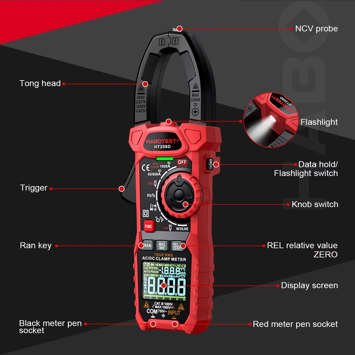 HABOTEST HT208 Clamp Meter 1000A 1000V AC DC True RMS Digital Clamp Meter Amperimetrica Capacitance Temperature Ohm Hz Tester