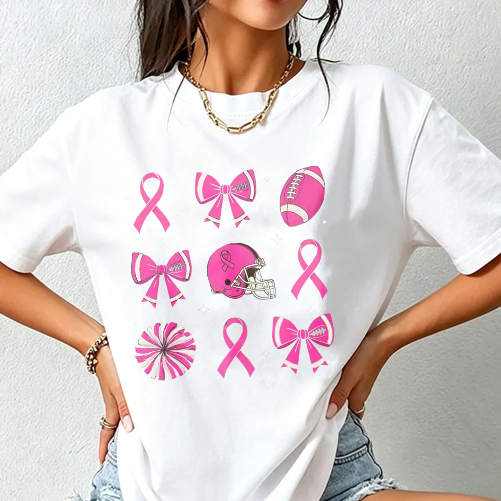 Pink Ribbon Football Tshirt Breast Cancer Awareness Cotton Casual Shirt Helmet Bow Game Day Fashion Streetwear Tees Unisex Tops