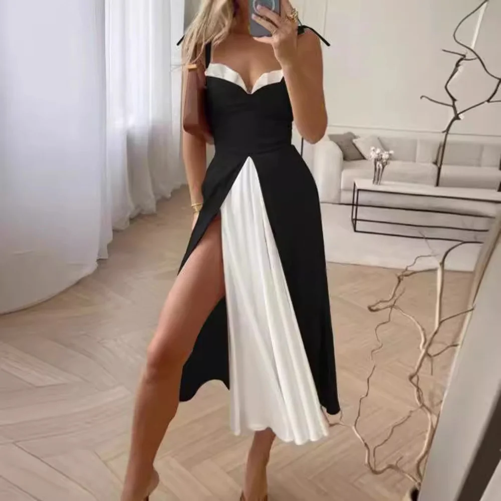 

2024 Women's Camisole dress sleeveless high split skirt Color collision tops Draped Big hem frock sexy gown female's clothing