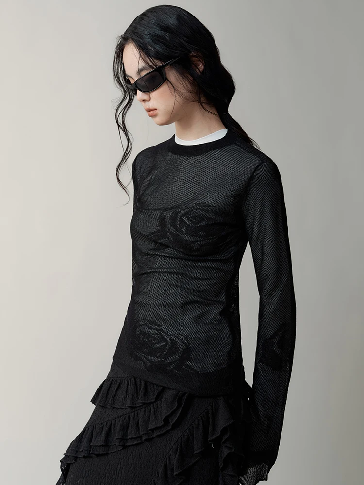 

Genetic Mystery adow Sensual Rose Knitted Slim Fit Long Sve round Ne Transparent Feeling Base irt Versatile T-irt