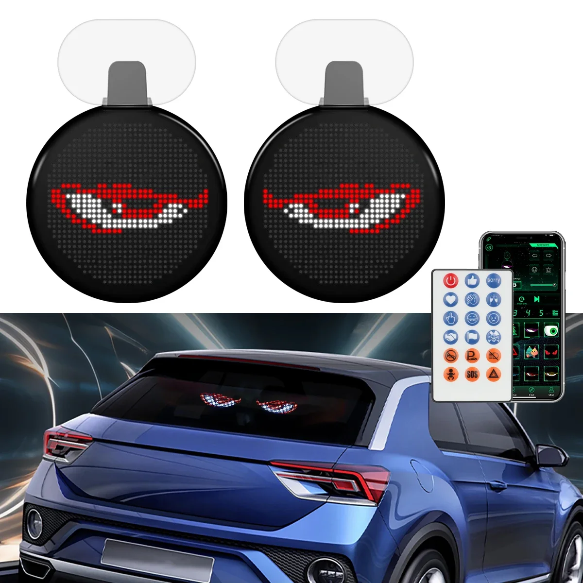 

Car LED Interactive Screen Round Devil Eyes LED Sign Smart LED Display APP Remote Control Front Rear Windshield DIY Graffiti