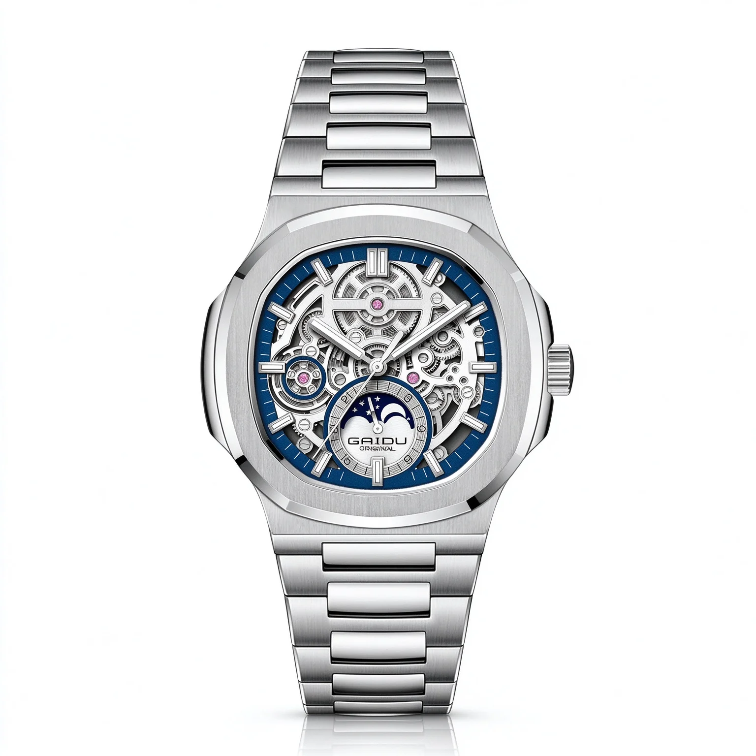 Men Quartz Watch Stainless Steel Bracelet Skeleton Dial Moon-Phase Luminous Analog Sports Business Octagonal Wristwatch Reloj