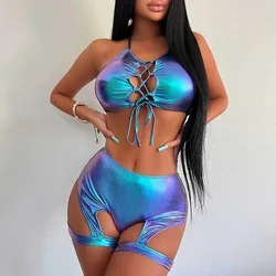 Conjunto metálico de dos piezas para mujer, Ropa de baile en barra, sujetador y pantalones cortos, lencería Sexy para actuaciones en club nocturno, ropa de fiesta y Festival, nuevo