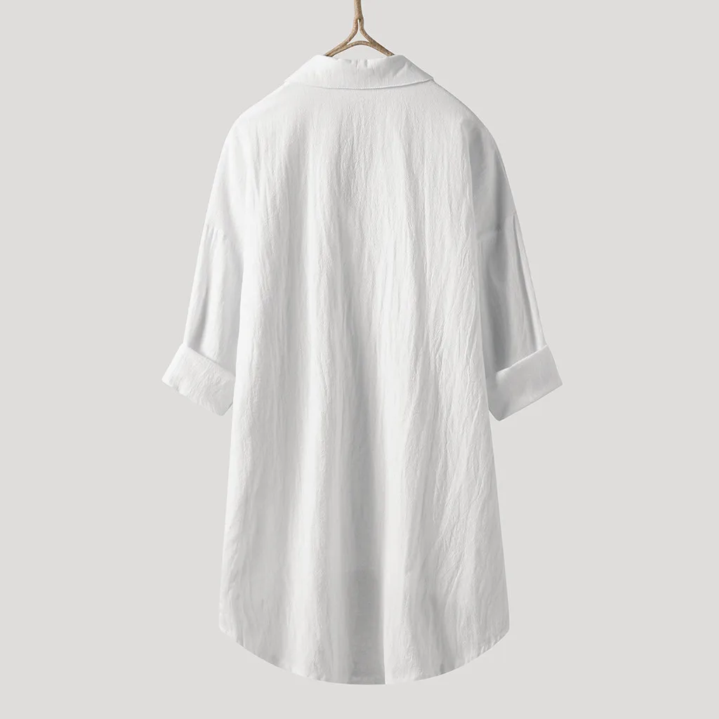 Women Loose White Casual Button Up Cotton Linen Shirt Top Retro Long Sleeve Lapel Blouse Solid Color Oversized Mid Length Shirts