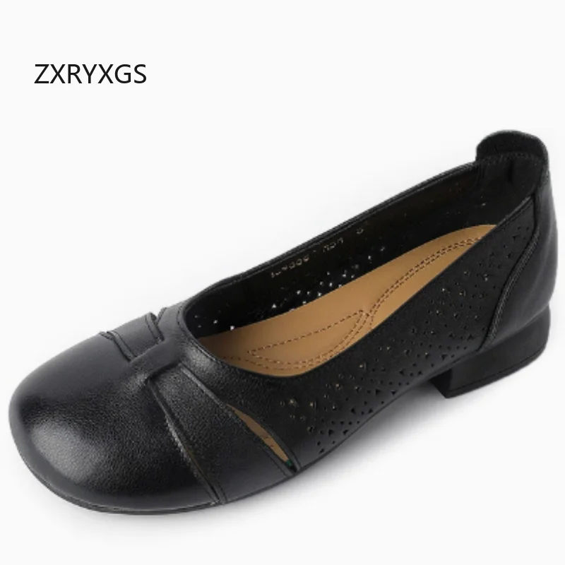 

ZXRYXGS 2026 Новые весенне-летние женские сандалии из натуральной кожи с перфорацией, дышащие, модные, на низком каблуке, удобные, больших размеров