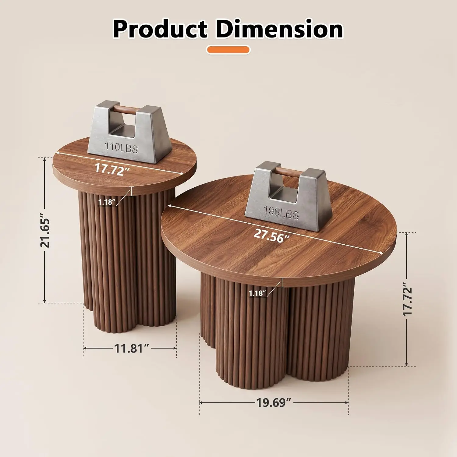 Nesting Coffee Tables Set of 2, Fluted Nesting Tables for Living Room, Multifunctional Round Coffee Table & Side, Customized