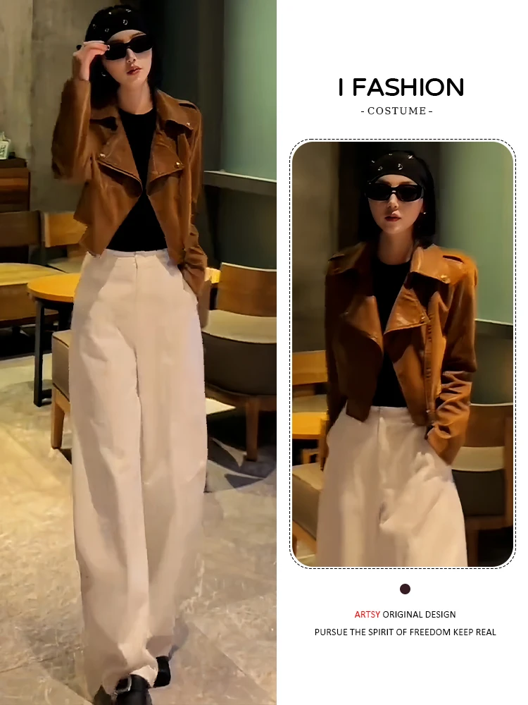 Jaqueta de Couro Feminina Elegante e Versátil, Estilo Francês, Caimento Solto, Nova Chegada de Outono, Top Feminino