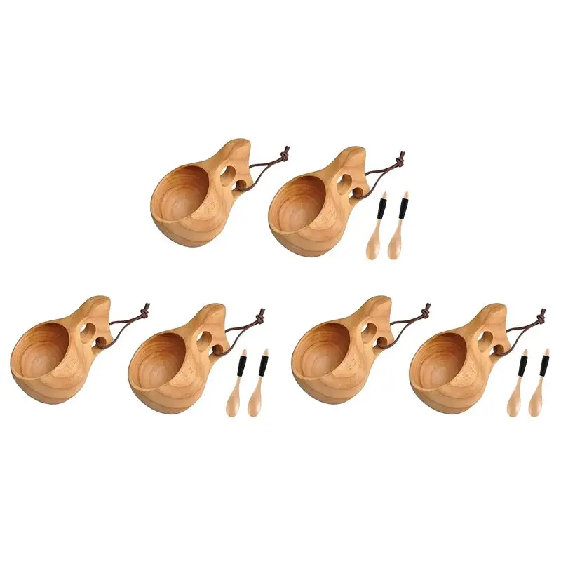 

Набор из 6 деревянных кружек ABFA в скандинавском стиле, портативные походные кружки для кемпинга, деревянные кофейные кружки с деревянными ложками