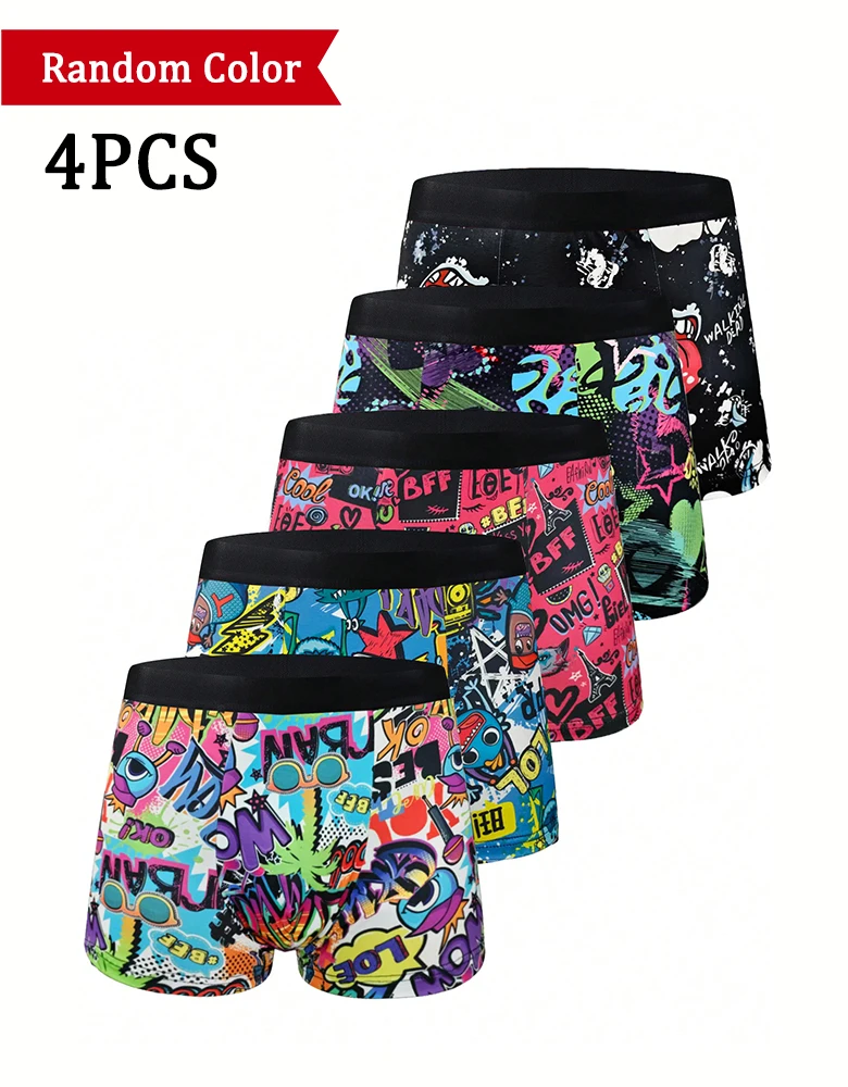 Random 4 Pcs Graffiti Printed Men's Personalized Boxer Shorts Sports and Comfortable Underwear Men's Casual Panties Boxer Briefs