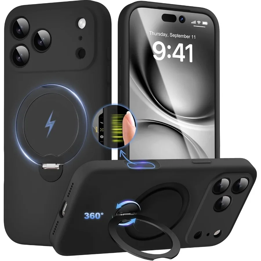 

Чехол для iPhone 17 Pro Max с магнитной подставкой с вращающейся на 360° для полной защиты камеры, совместимости MagSafe