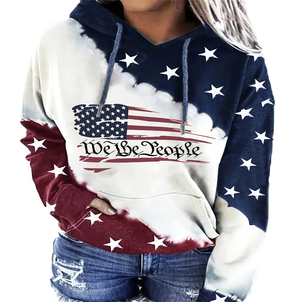 Drawstring Hoodie, Soft And Casual Long Sleeved Kangaroo Pocket Loose And Fitted Women's Sportswear Patriotic And Fashionable 