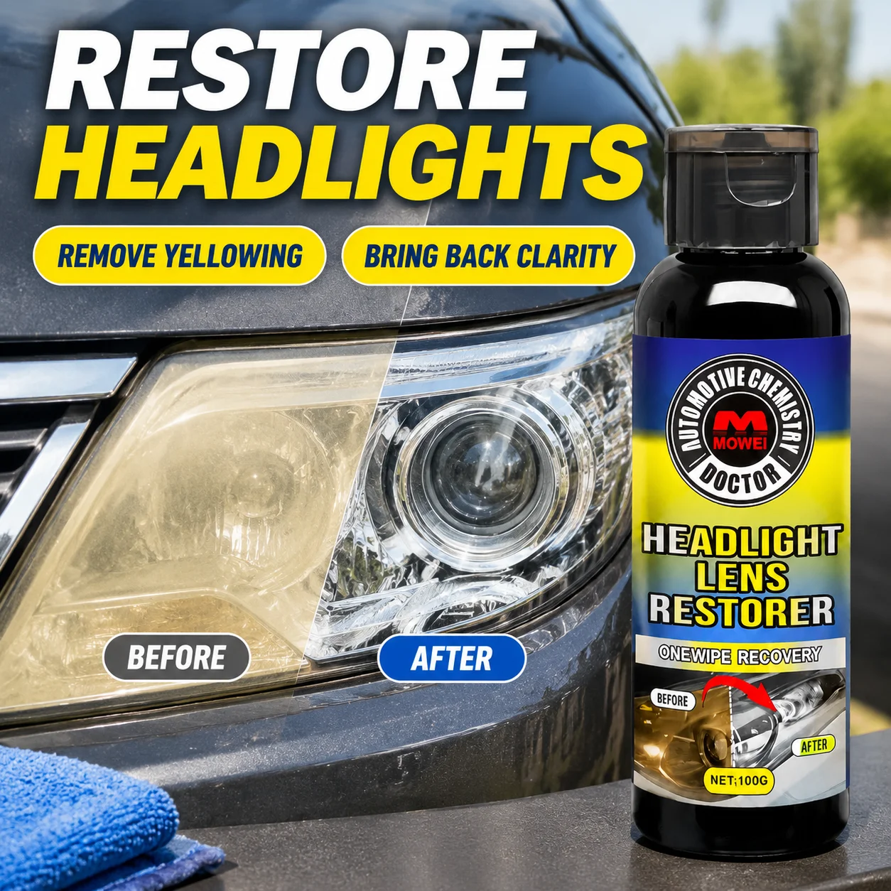 Headlight Lens Restorer Remove Yellow Oxidation Restore Clarity Polish Foggy Lamp Easy Wipe Renew