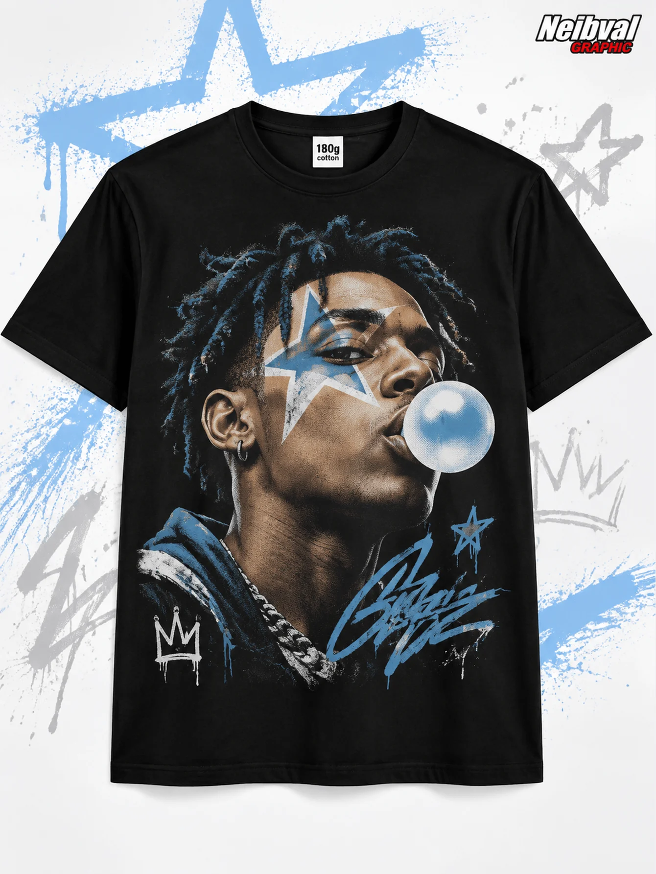 Men's T-Shirts, City Outing, Bubblegum Portrait, Street Art, Summer, Pure Cotton Black Crew, Music Fans
