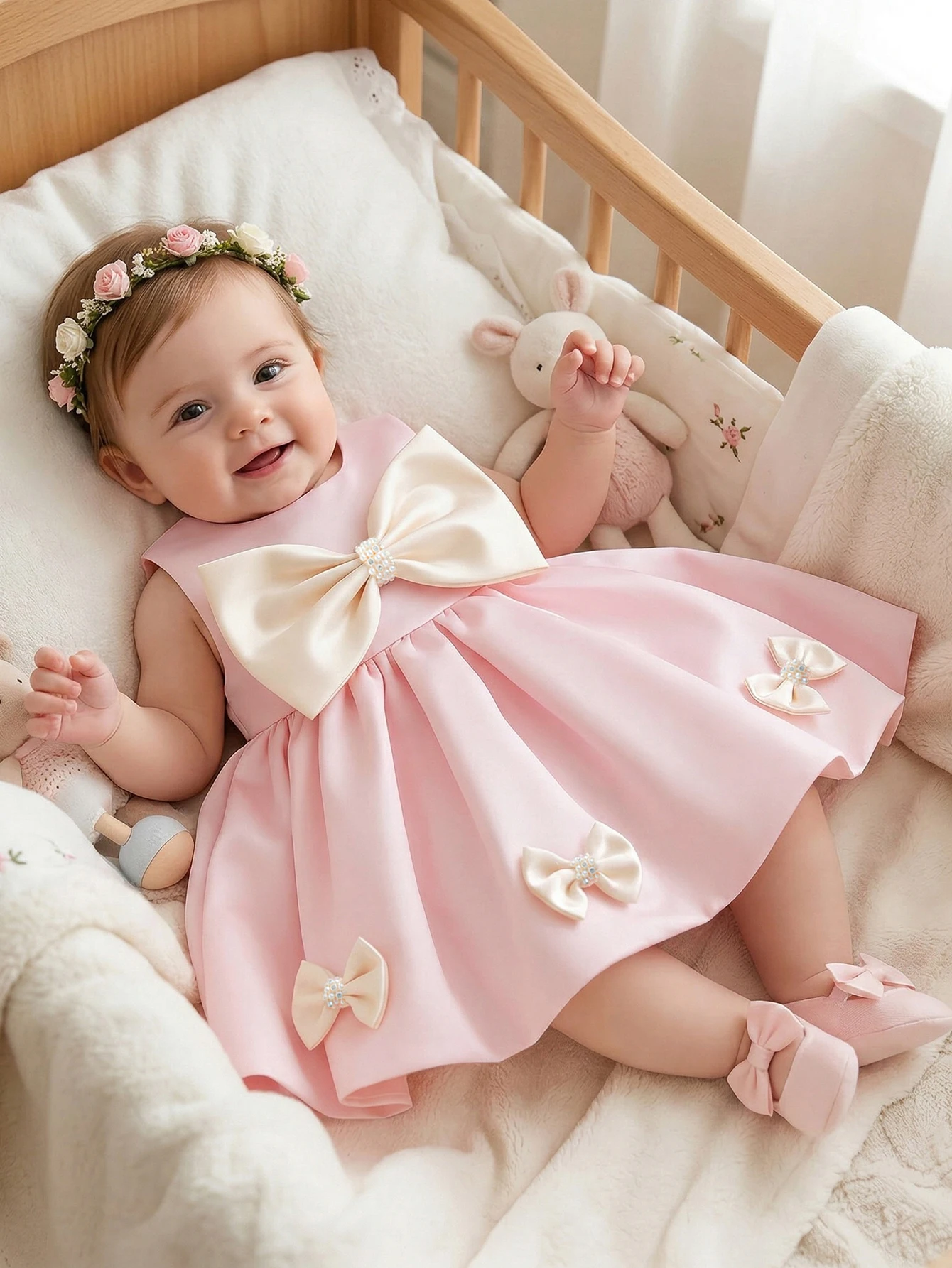 Baby Girls Birthday Dress Pink Sleeveless Princess Outfit Oversized Contrast Bows Pearl Trim Full Skirt Wedding Party Photoshoot