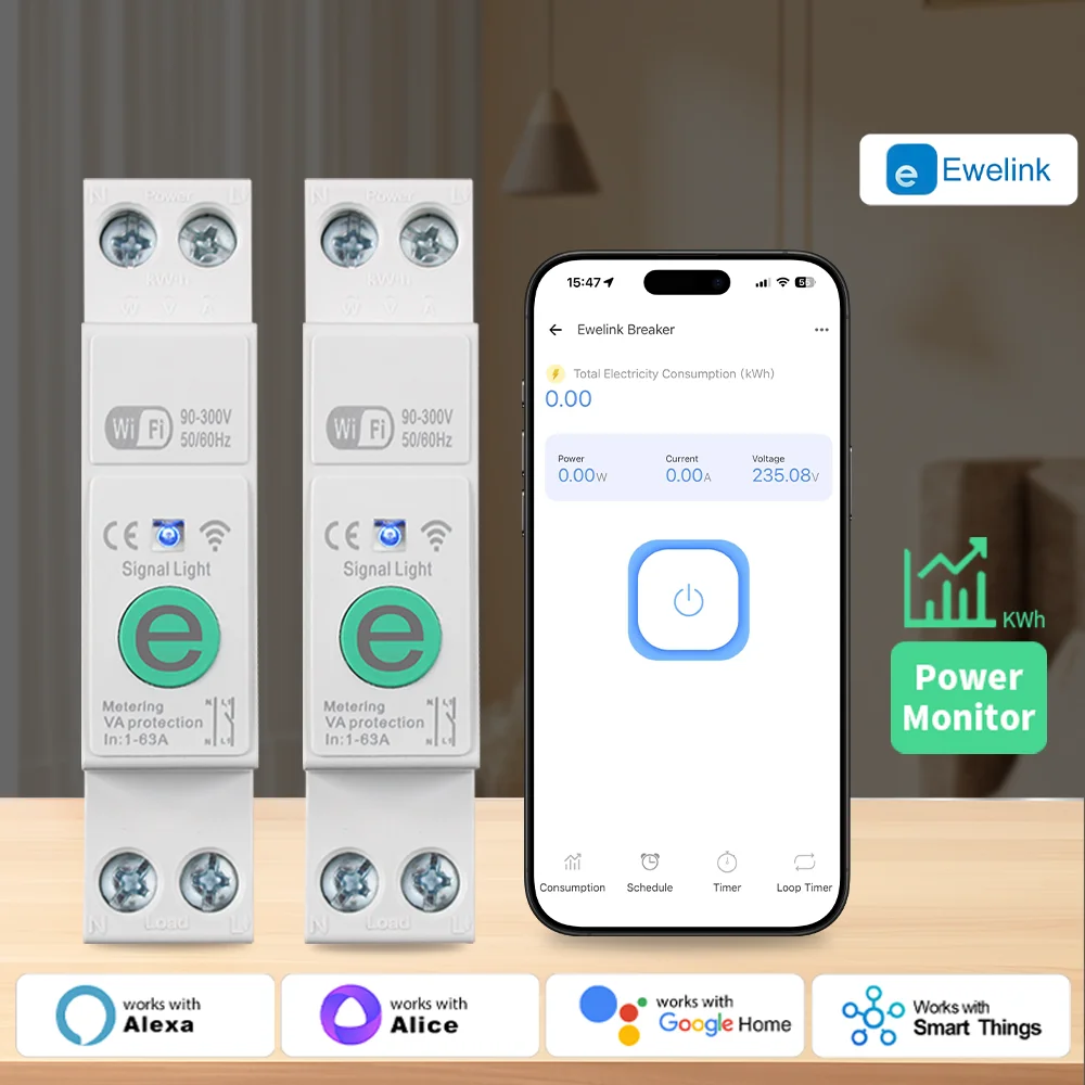 eWeLink 1P + N 63A WIFI قطاع دارة ذكي التبديل الطاقة مقياس الطاقة كيلوواط ساعة مفتاح بالتحكم عن بعد الموقت التتابع MCB الجهد الحالي حماية