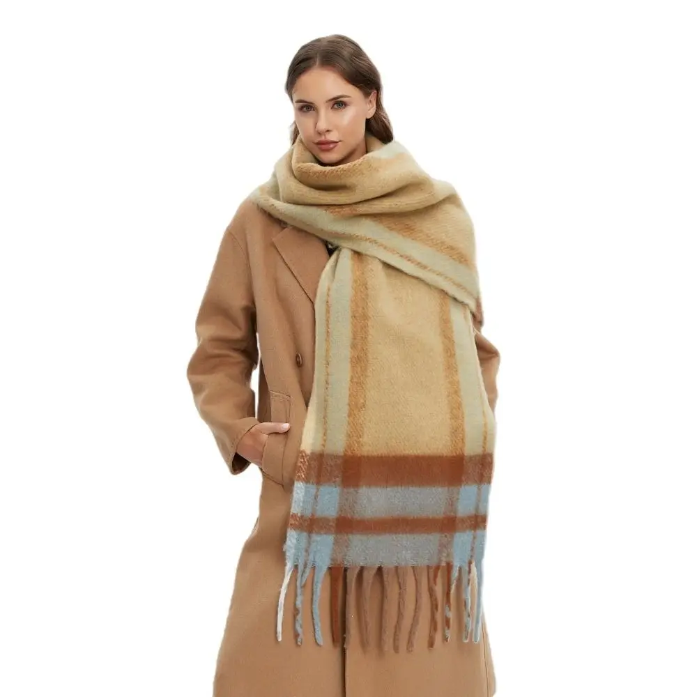 Simple Mohair Plaid Wool Scarf Long Thick Rainbow Tassel Shawl Preppy Korean Style Winter Cashmere Scarves Student