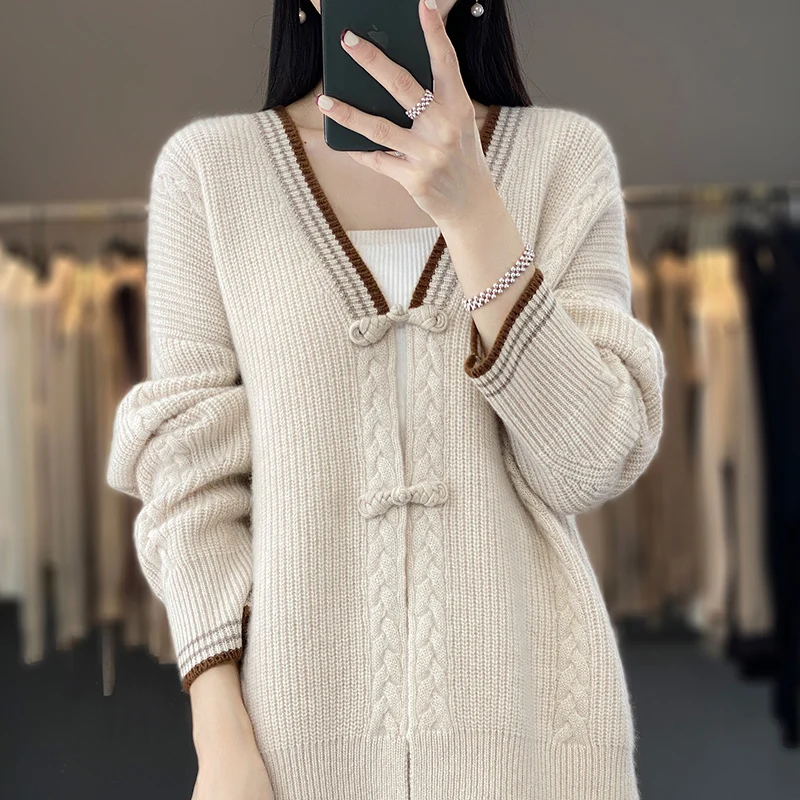 

Woman 100% Pure Wool Cashmere Sweater V-neck Chinese Style Buckle Cardigan Casual Knit Autumn Winter New Jacket Warmth Thick Top