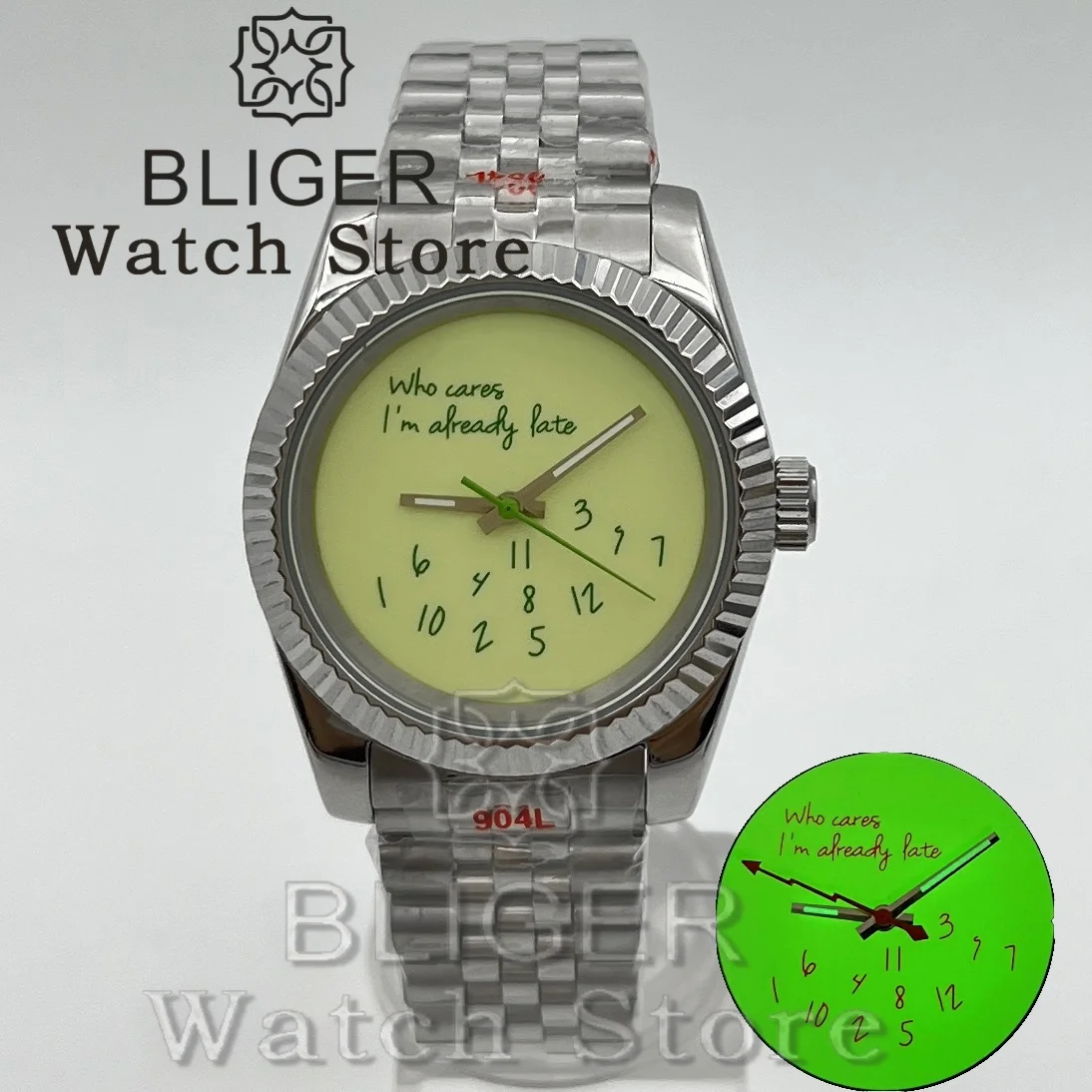 BLIGER 36mm 39mm NH35 ウォッチ Who cares im already late ウォッチ ロゴなし 全面夜光ダイヤル サファイアクリスタル NH35 自動巻きムーブメント