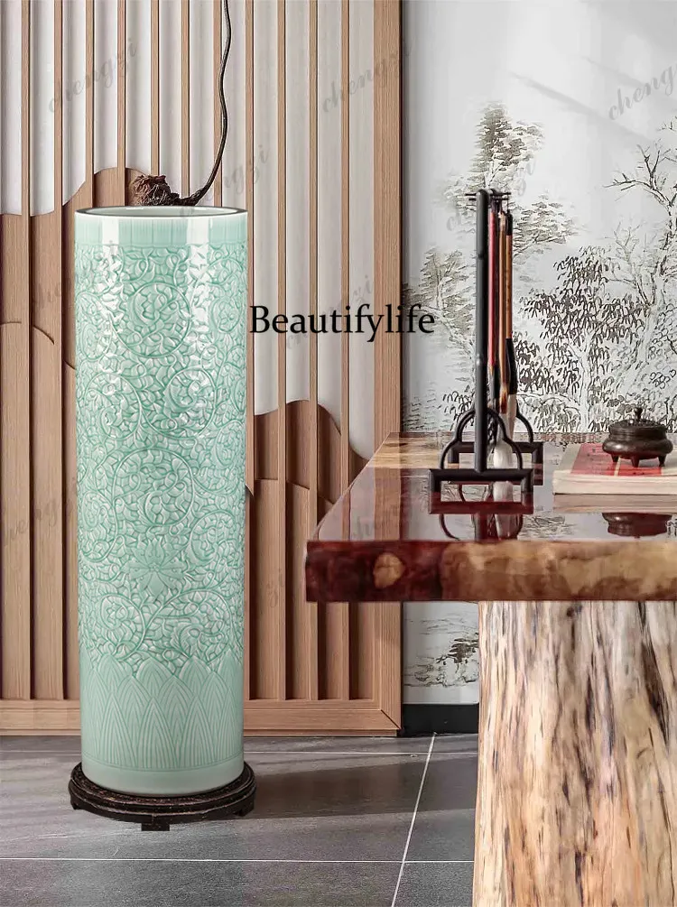Light luxury engraving floor-to-ceiling large vase blue glaze quiver living room entrance hotel Chinese decorative ornament