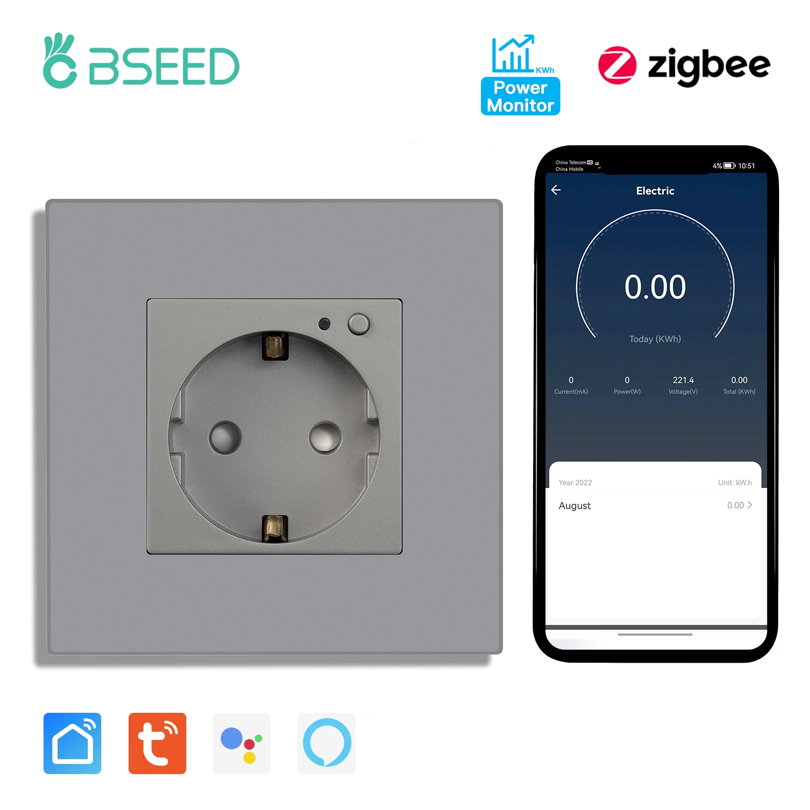 Bseed Zigbee Energy Monitor Steckdose PC Kunststoffrahmen Doppelte Smart Outlets Dreifachstecker Tuya Google Home Smart Life Control