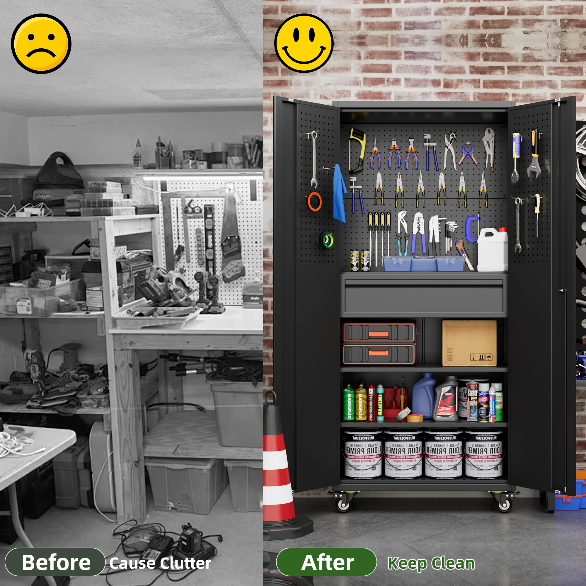 Aobabo Garage Storage Cabinet with Wheels,72" H Metal Storage Cabinet with 2 Doors and 4 Adjustable Shelves for Garage Home