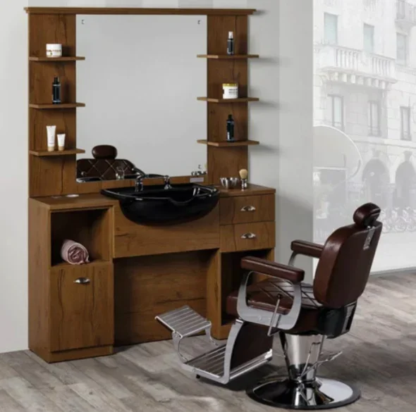 

High Quality Hairdressing Salon Wooden Mirror Table Hair Salon Styling Station With Hair Washing Basin