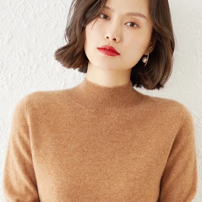 

Sweater Women 2025 Autumn Winter Brown Mock Neck Stretch Bottoming Shirt Solid Slim Female Knitted Pullovers Cashmere Sweater