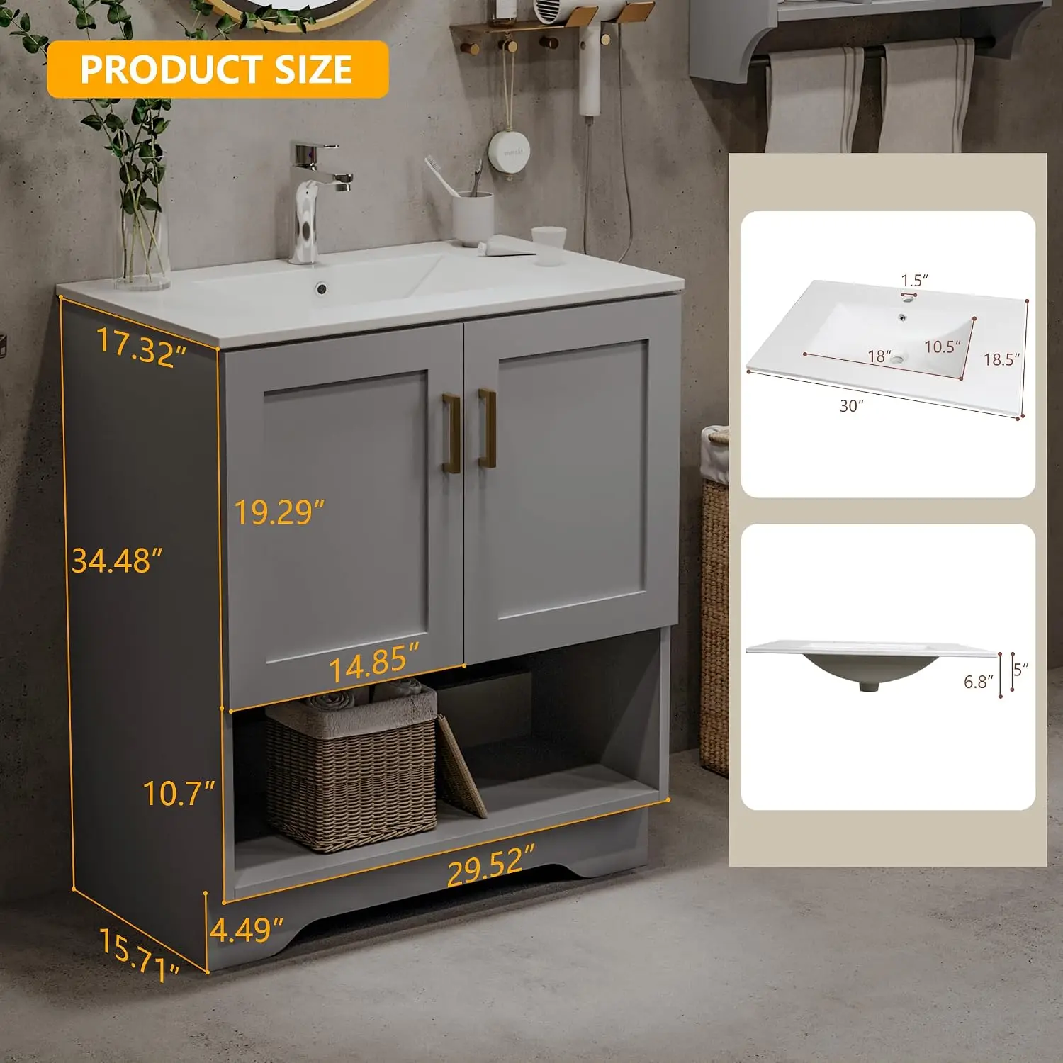 30 Inch Modern Bathroom Vanity with Ceramic Sink - Freestanding Cabinet 2 Soft-Close Doors & 1 Open Shelf, White,Customized