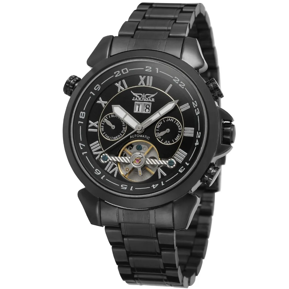 

Fashion Jaragar Top Brand Men's Casual Full Black Stainless Steel Tourbillon Fully Automatic Mechanical Multifunctional Watches