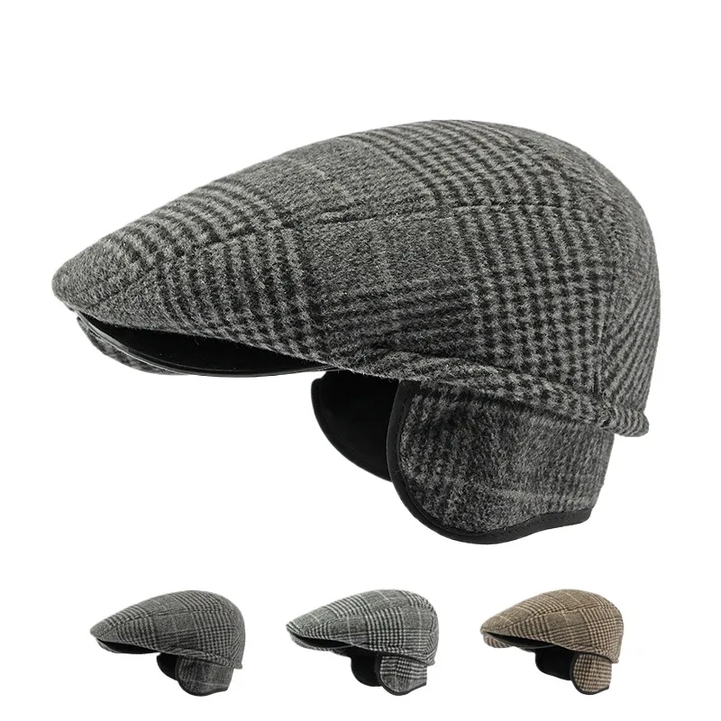 

Middle-aged And Elderly People's Hats Men's Peaked Cap Autumn And Winter Cotton Earflaps Warm Retro Plaid Beret Advance Hats