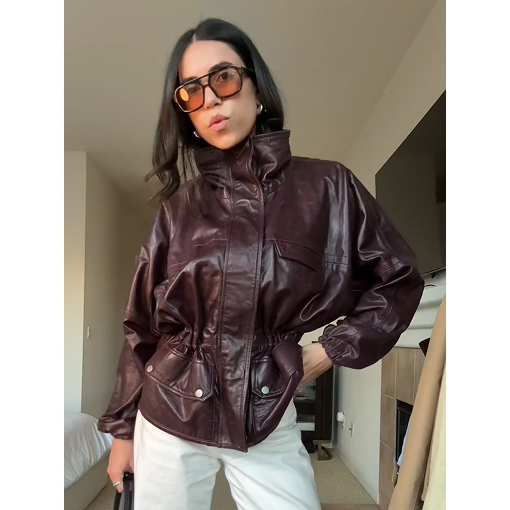 

Женское пальто из искусственной кожи в стиле ретро в американском стиле, длинное пальто на молнии све, модное осеннее новое поступление