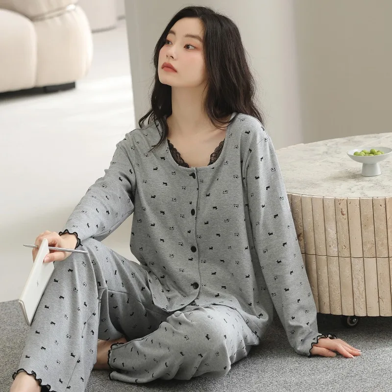 2025 New Spring Autumn Women's Pure Cotton Pajamas Set Long Sleeved Cardigan Loungewear Cool Stylish Plus Size Outdoor Wear