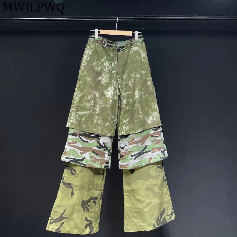 

MWJLPWQ Fake 3-Piece Design Camouflage Trousers Male High Street 2025 Autumn Green Loose Casual Flared Pants Fashion New 11669