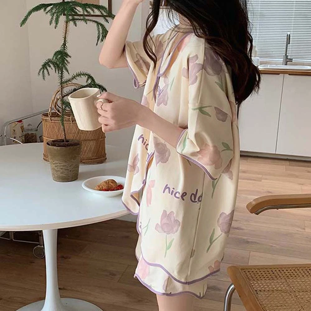 Short Sleeve Tulip Flowers Pajamas Nightwear Set Comfortable Flowers Pajama Pants Korean Ins Single Breasted Shirts