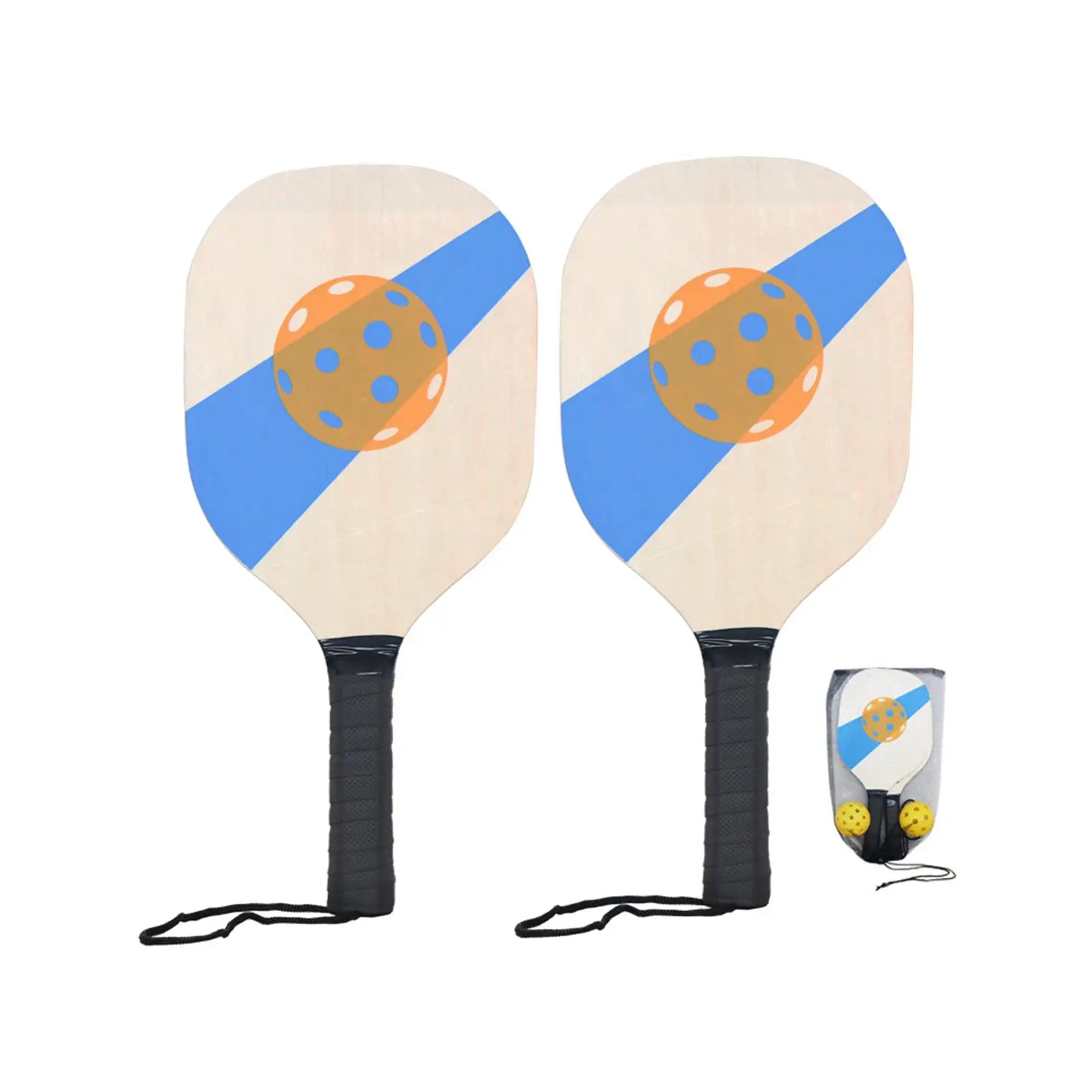 Wooden Set 2 Paddles 2 Pickle Balls Beginner Racket for All Levels and Ages with Mesh Carry Bag Portable