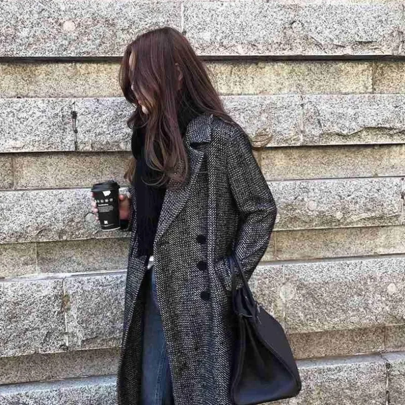 2023 Winter New Women Fashion Long Below The Knee Wool Coat Female Plaid Casual Temperament Thicken All-match Woolen Outwear