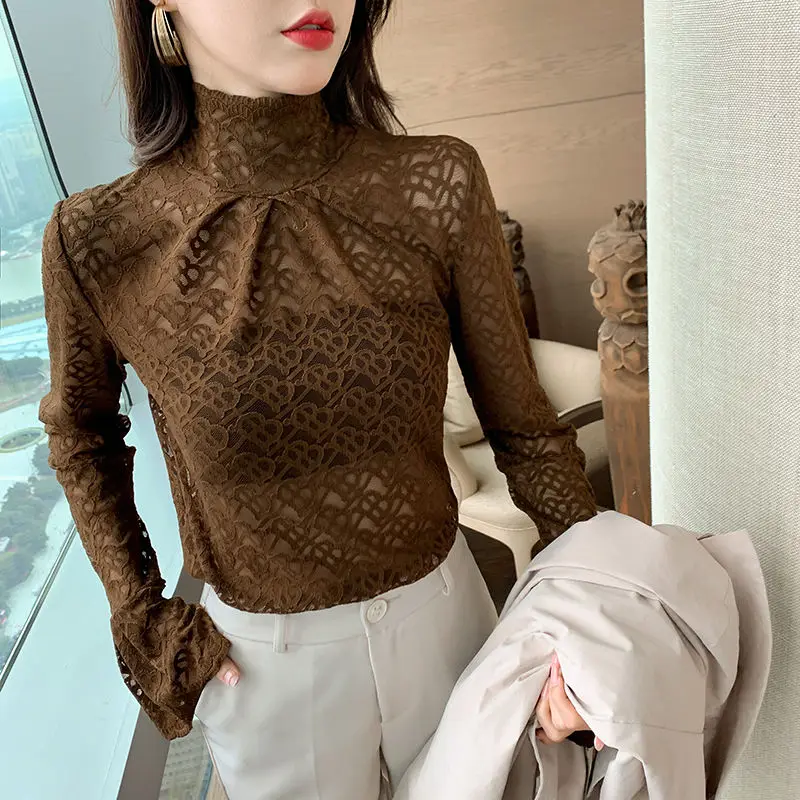 

Maillard Temperament Lace Base Shirt Women's Long Sleeved Hollow Out Sexy Versatile High Neck Autumn Winter Stylish Small Shirt